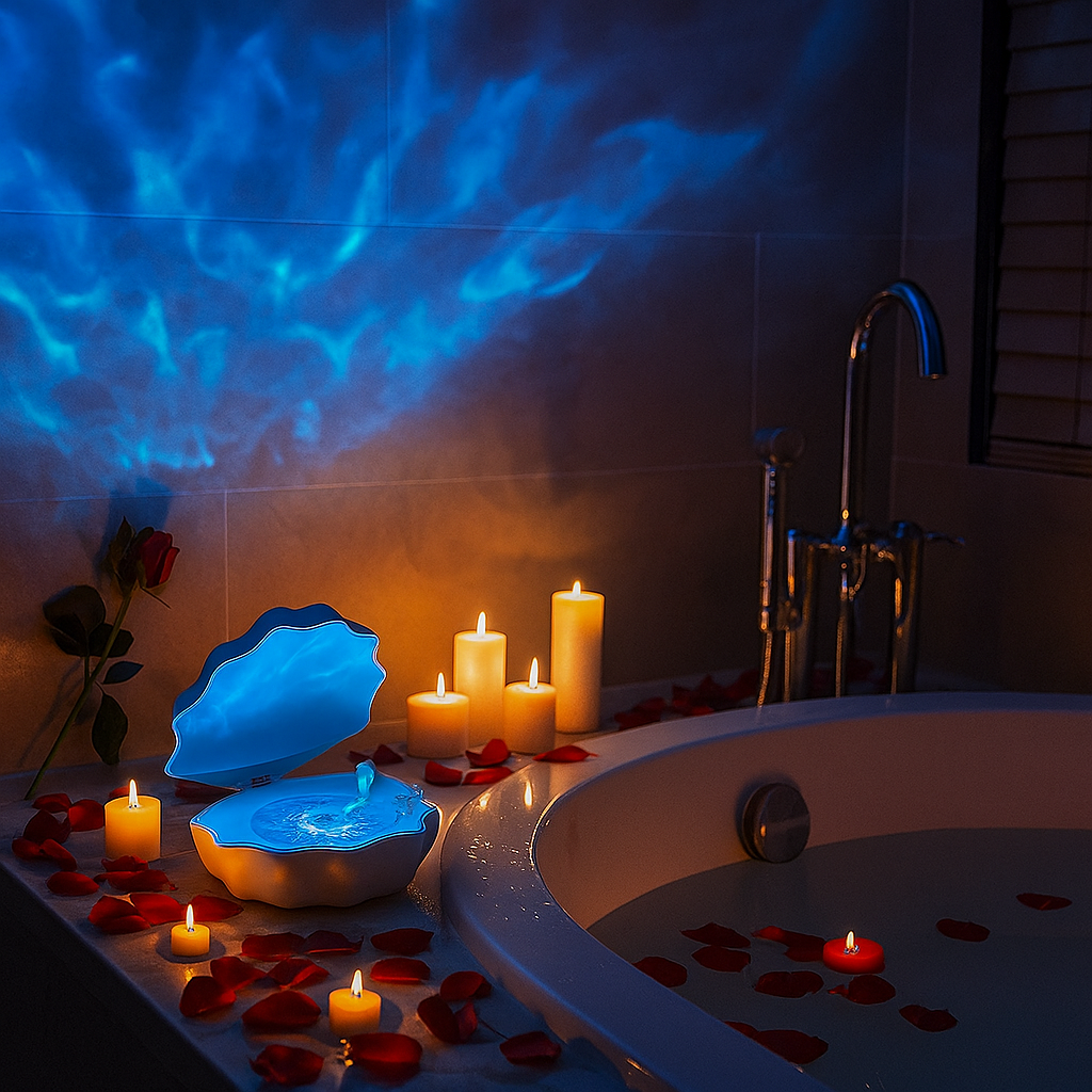 Muschel Bluetooth-Lautsprecher mit LED Sternenhimmel-Projektor | Nachtlicht & Ambiente Lampe – 3 Farben