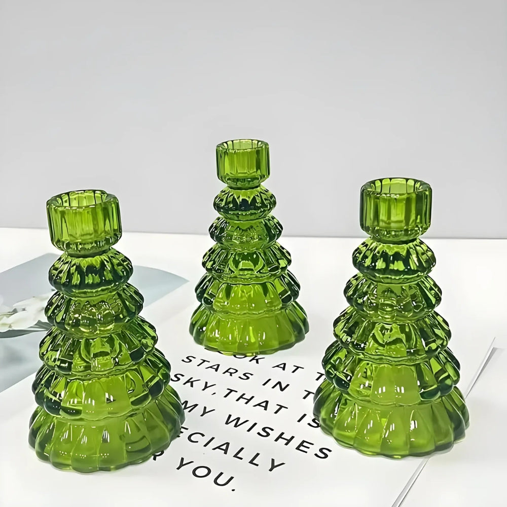 Kerzenhalter aus Glas in Tannenbaumform, 3er-Set