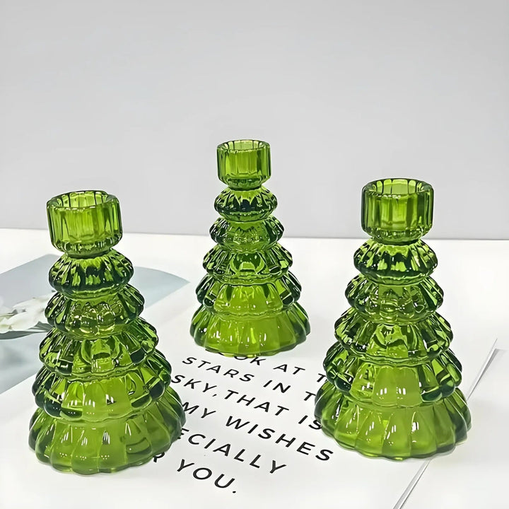Kerzenhalter aus Glas in Tannenbaumform, 3er-Set