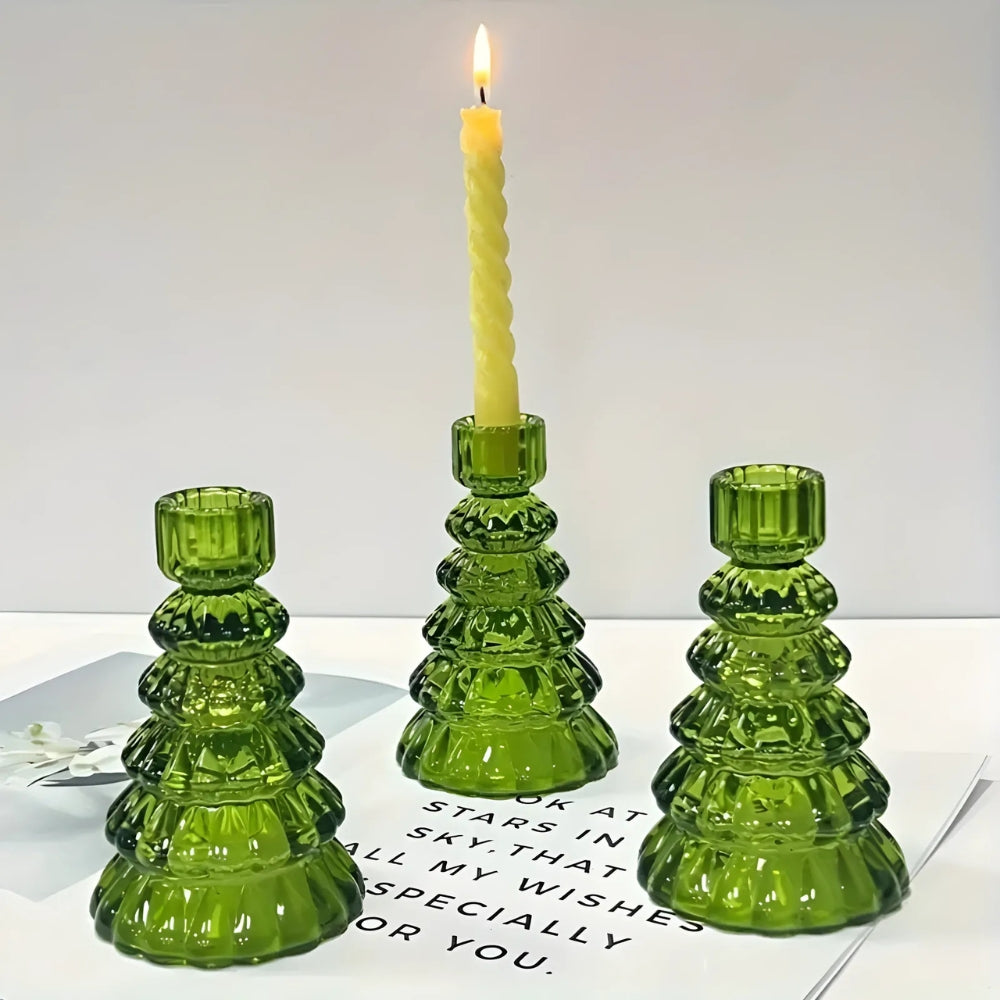Kerzenhalter aus Glas in Tannenbaumform, 3er-Set
