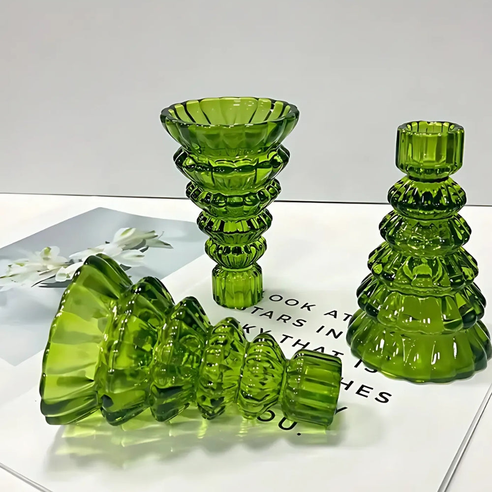 Kerzenhalter aus Glas in Tannenbaumform, 3er-Set