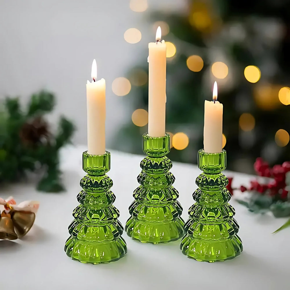 Kerzenhalter aus Glas in Tannenbaumform, 3er-Set