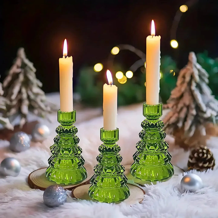 Kerzenhalter aus Glas in Tannenbaumform, 3er-Set