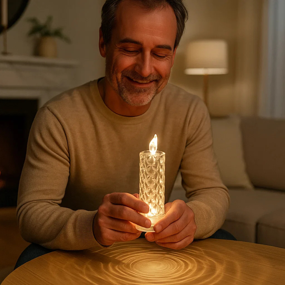 Flammenlose LED Kerze „Crystal Pillar“ – Batteriebetrieben & Warmweiß, Dekokerze 18 cm mit Realistischem Flackern