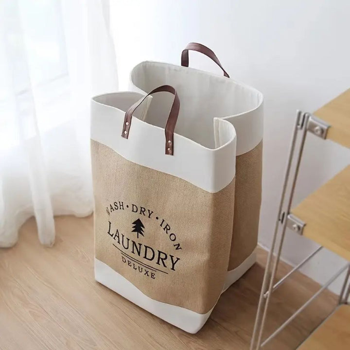 Freistehender Wäschekorb mit Griffen in Lederoptik