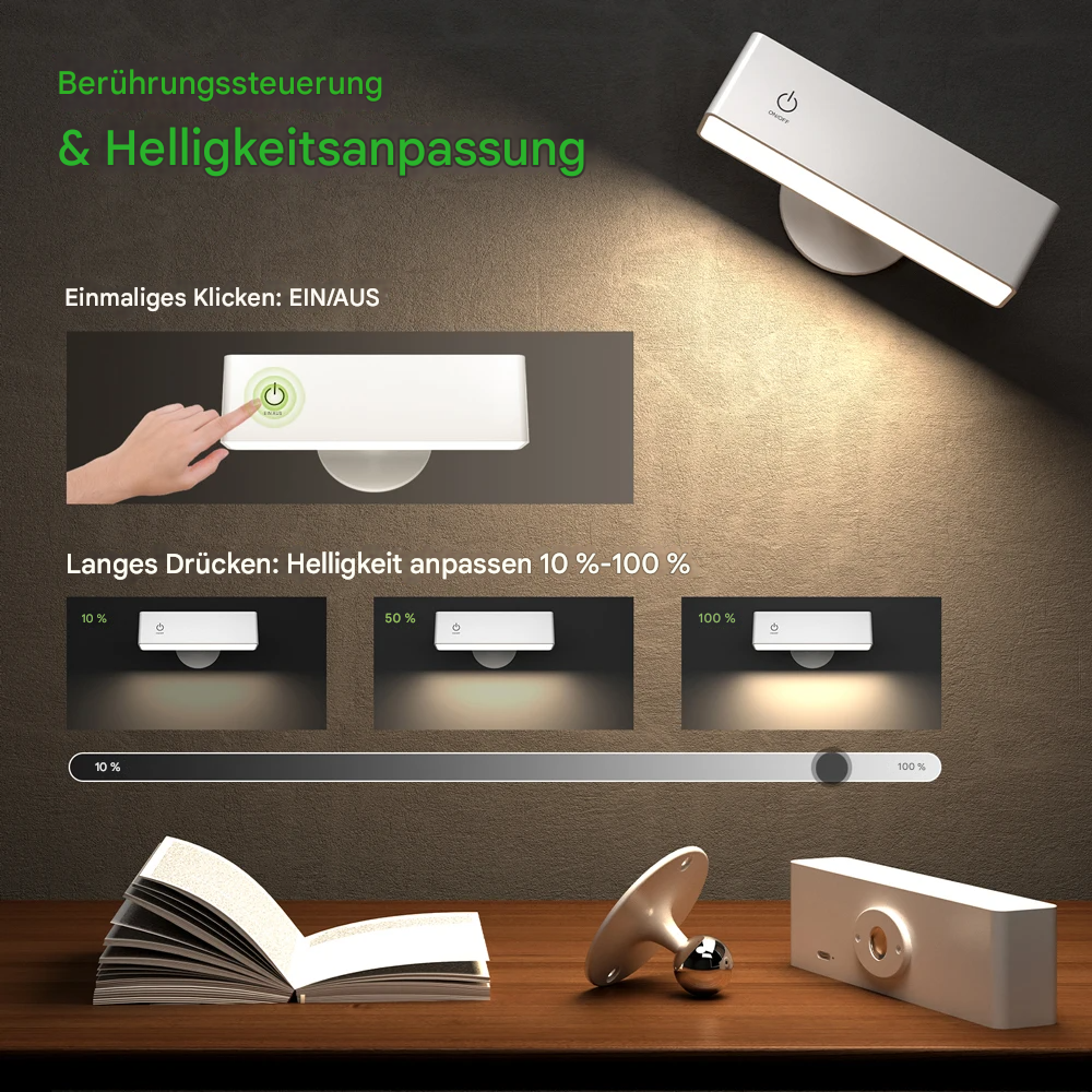Kabellose LED Wandleuchte mit Akku – 360° drehbar, magnetisch abnehmbar, warmweiß, USB aufladbar
