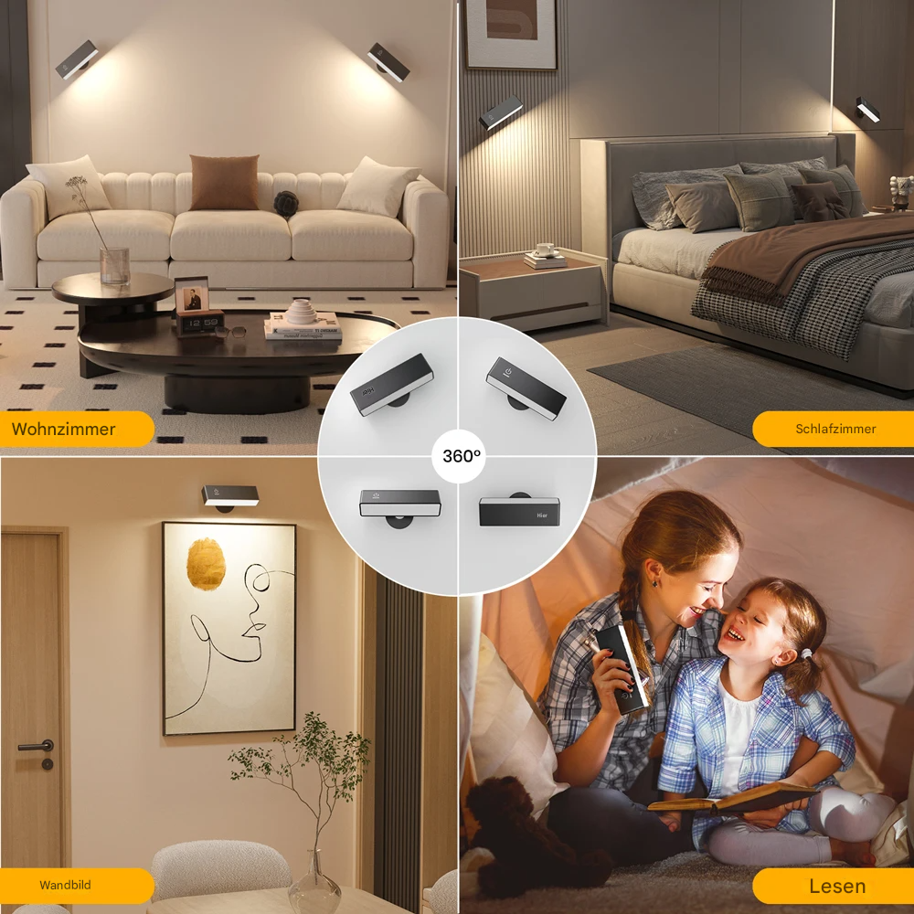 Kabellose LED Wandleuchte mit Akku – 360° drehbar, magnetisch abnehmbar, warmweiß, USB aufladbar