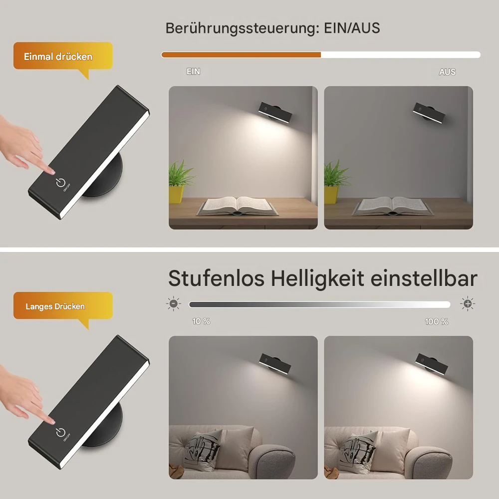 Kabellose LED Wandleuchte mit Akku – 360° drehbar, magnetisch abnehmbar, warmweiß, USB aufladbar