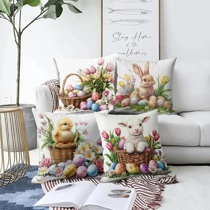 Oster-Kissenbezüge mit Hasen und Blumen, 4er-Set