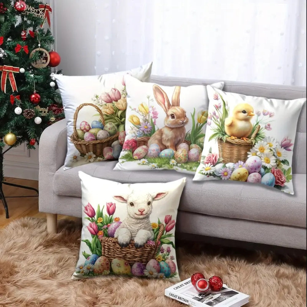 Oster-Kissenbezüge mit Hasen und Blumen, 4er-Set