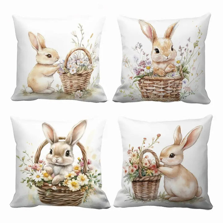 Oster-Kissenbezüge mit Hasen und Blumen, 4er-Set