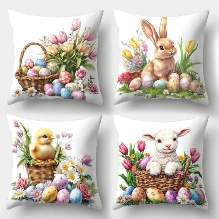 Oster-Kissenbezüge mit Hasen und Blumen, 4er-Set
