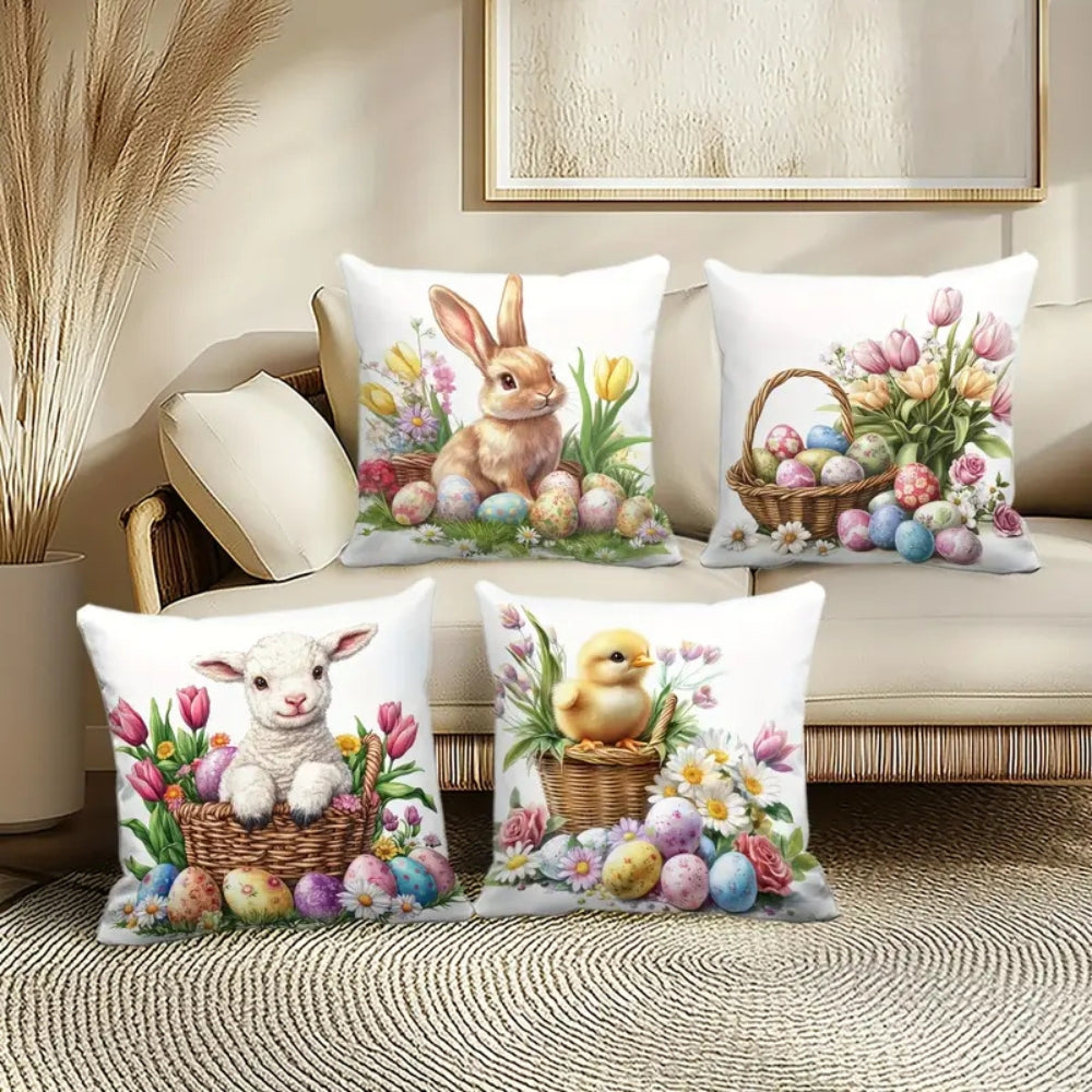 Oster-Kissenbezüge mit Hasen und Blumen, 4er-Set