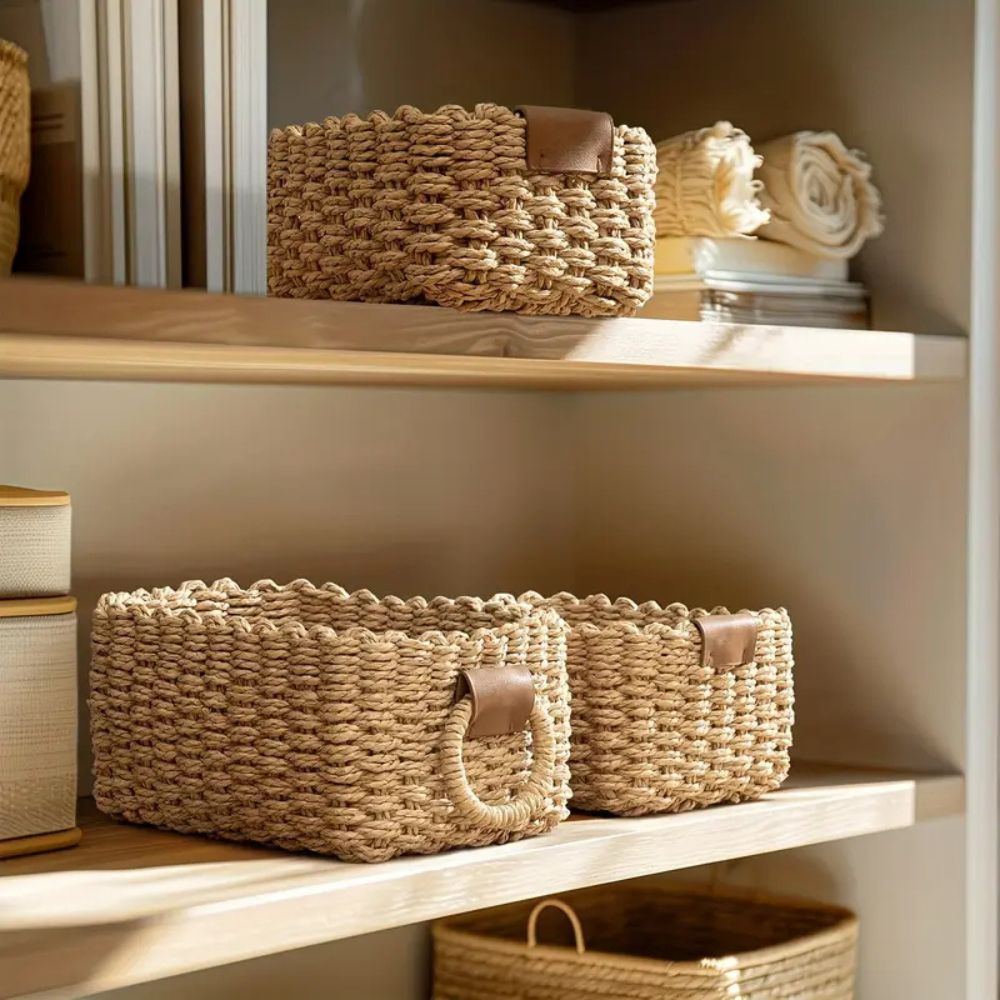 Aufbewahrungskorb aus geflochtenem Rattan mit Griffen