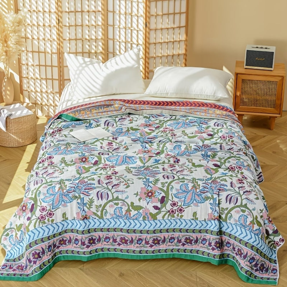 Wendbare Tagesdecke aus Baumwolle mit blau-weißem Blumen-Jacquard