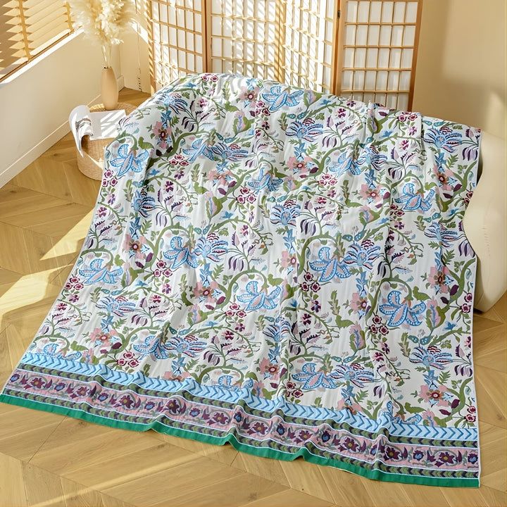 Wendbare Tagesdecke aus Baumwolle mit blau-weißem Blumen-Jacquard