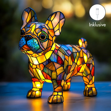 Tiffany Hund Lampe – Tischlampe aus Buntglas | LED Dekolampe für Wohnzimmer & Geschenkidee