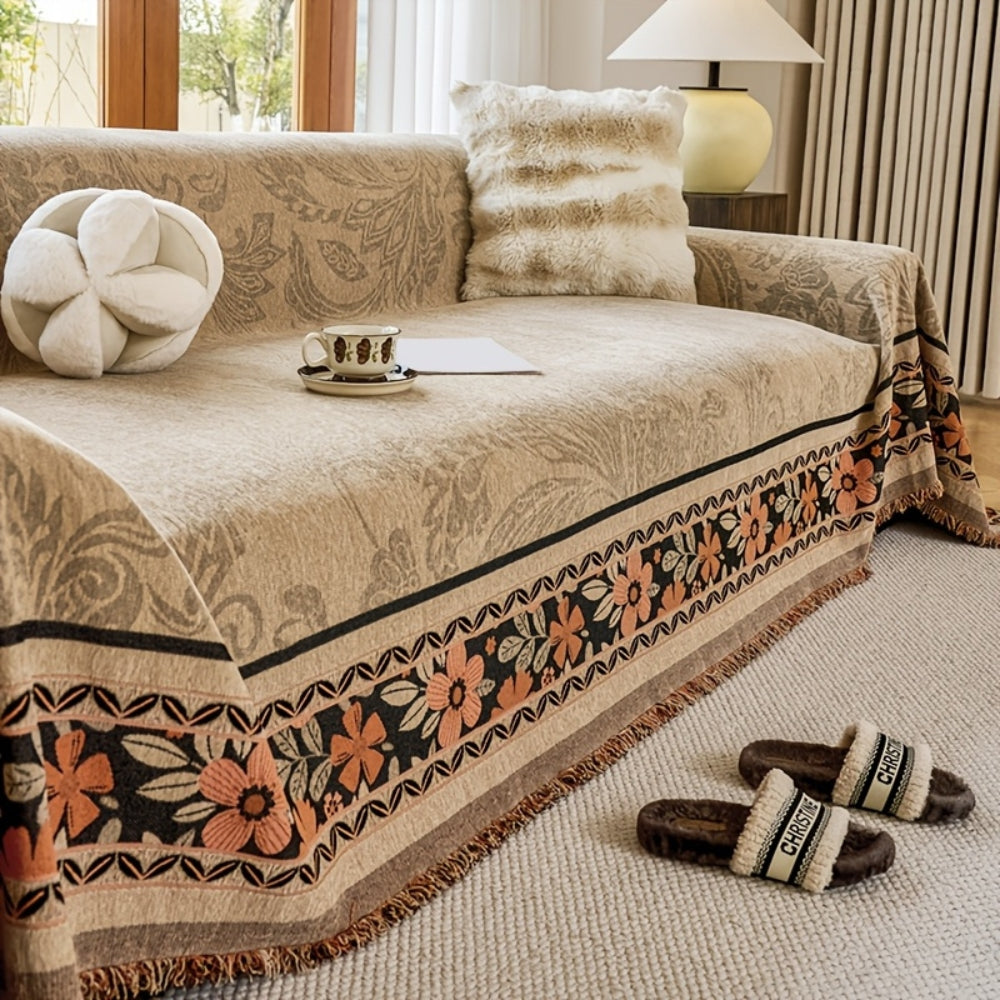 Chenille-Sofawurf mit Blumen und Quasten