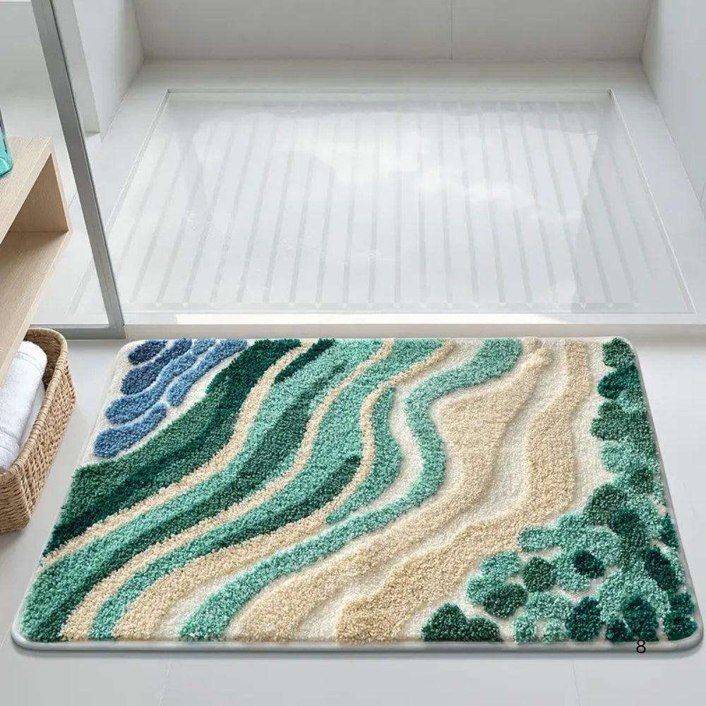 Badematte mit blauem Wellenmuster