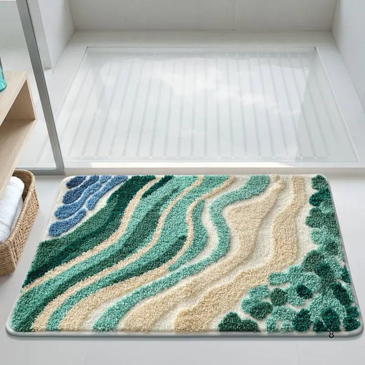 Badematte mit blauem Wellenmuster