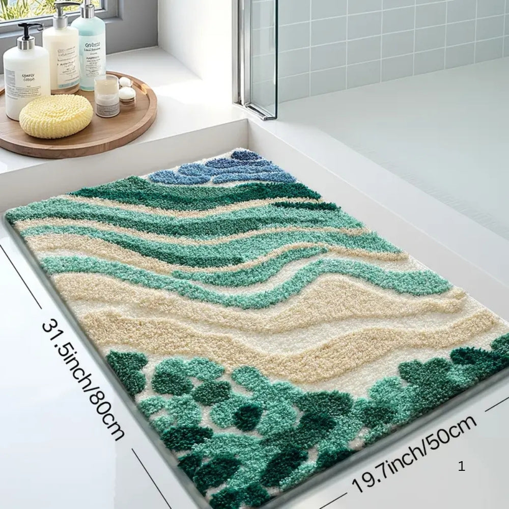 Badematte mit blauem Wellenmuster