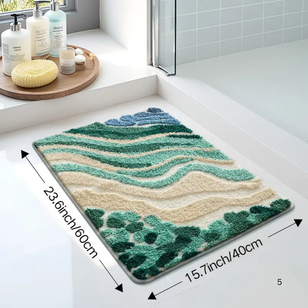 Badematte mit blauem Wellenmuster