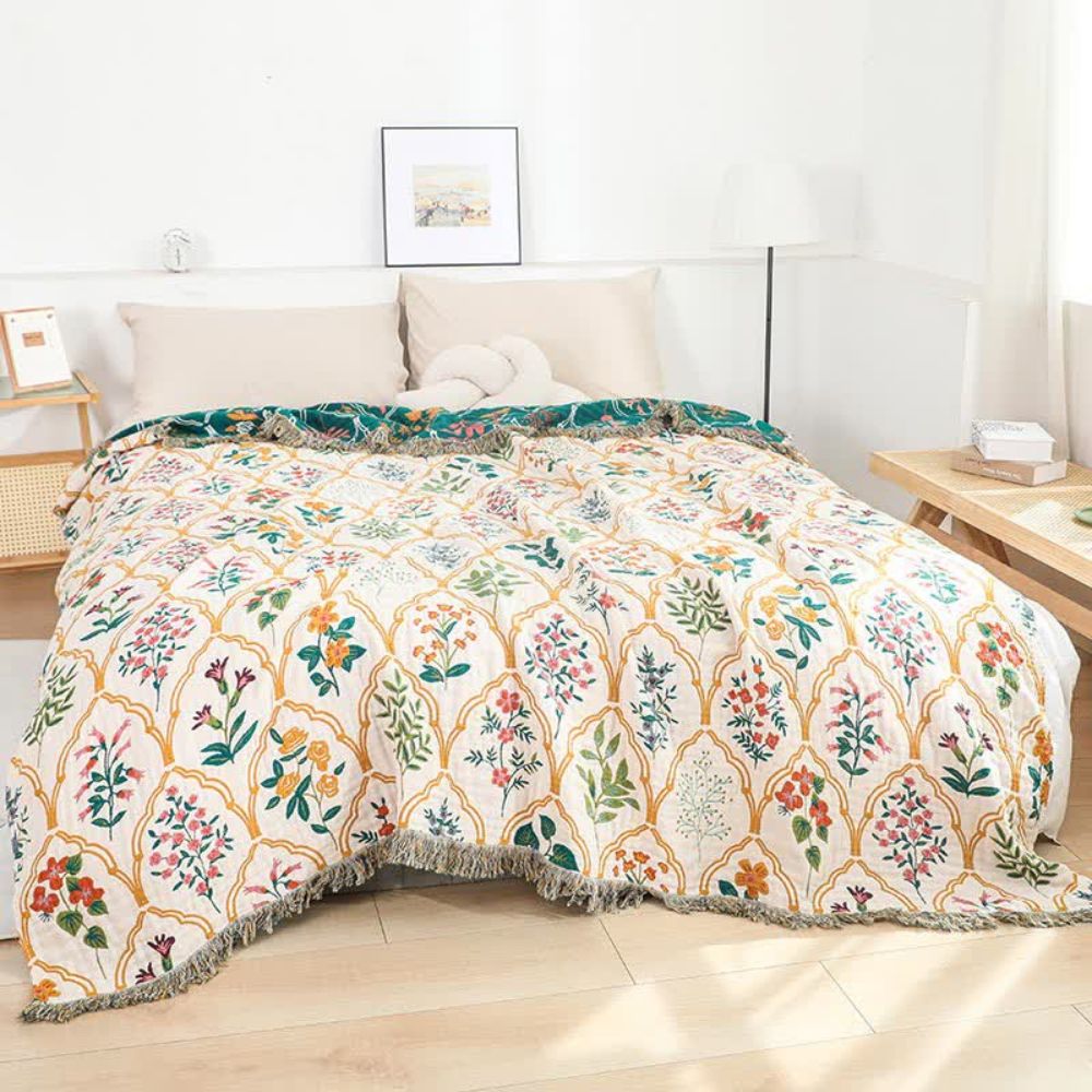 Baumwoll-Jacquarddecke mit floralen Rauten