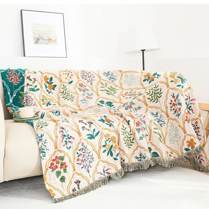 Baumwoll-Jacquarddecke mit floralen Rauten
