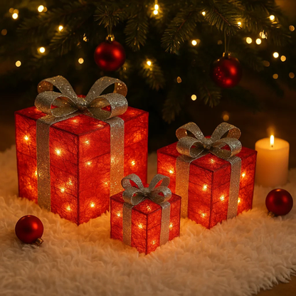 LED Geschenkbox Set Weihnachten – Leuchtende Weihnachtsdekoration für innen | 3er Set Geschenkpakete mit warmweißen LEDs