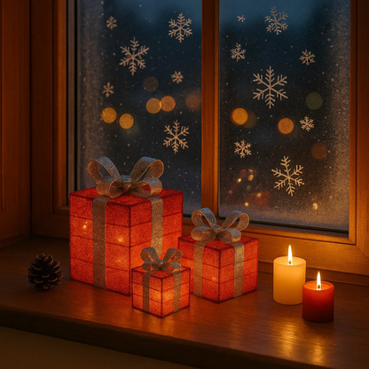LED Geschenkbox Set Weihnachten – Leuchtende Weihnachtsdekoration für innen | 3er Set Geschenkpakete mit warmweißen LEDs