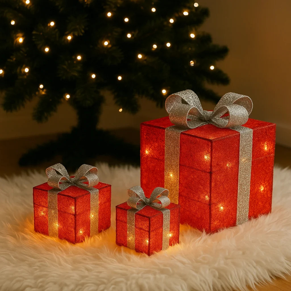 LED Geschenkbox Set Weihnachten – Leuchtende Weihnachtsdekoration für innen | 3er Set Geschenkpakete mit warmweißen LEDs