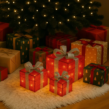 LED Geschenkbox Set Weihnachten – Leuchtende Weihnachtsdekoration für innen | 3er Set Geschenkpakete mit warmweißen LEDs