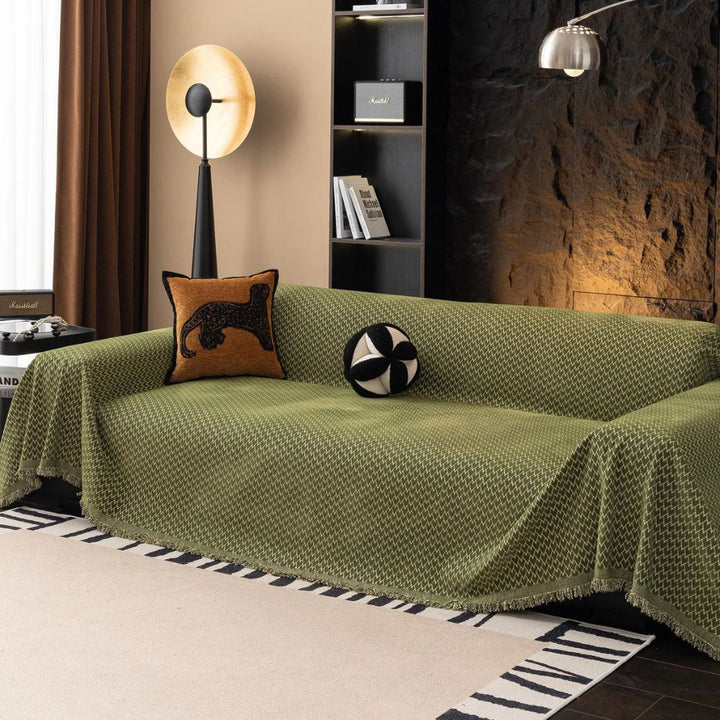 Chenille-Sofaüberwurf mit Zickzackmuster und Fransen