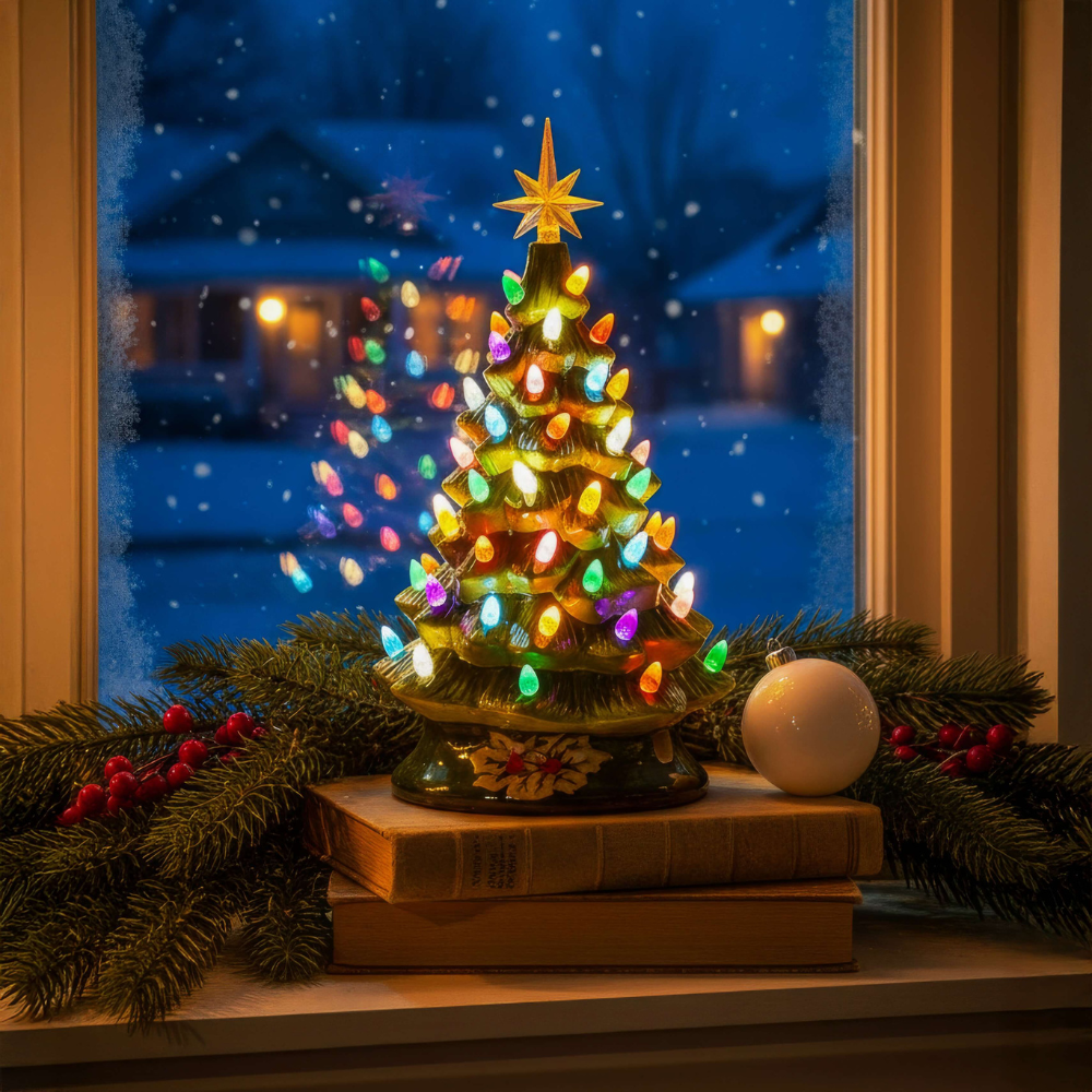 Keramik LED-Weihnachtsbaum mit bunten Lichtern – Festliche Weihnachtsdeko für Fensterbank & Tisch