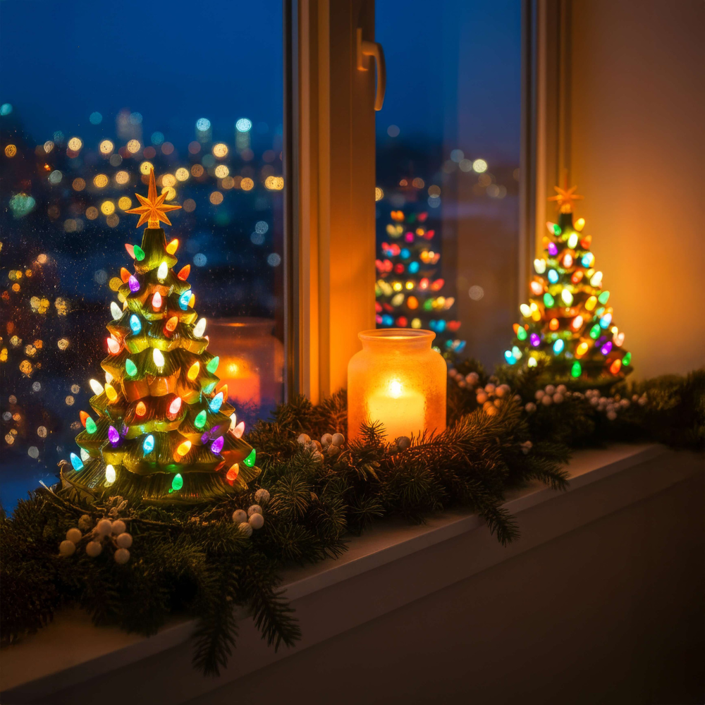 Keramik LED-Weihnachtsbaum mit bunten Lichtern – Festliche Weihnachtsdeko für Fensterbank & Tisch