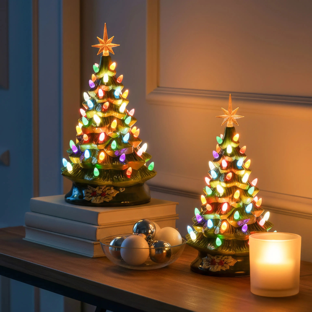 Keramik LED-Weihnachtsbaum mit bunten Lichtern – Festliche Weihnachtsdeko für Fensterbank & Tisch