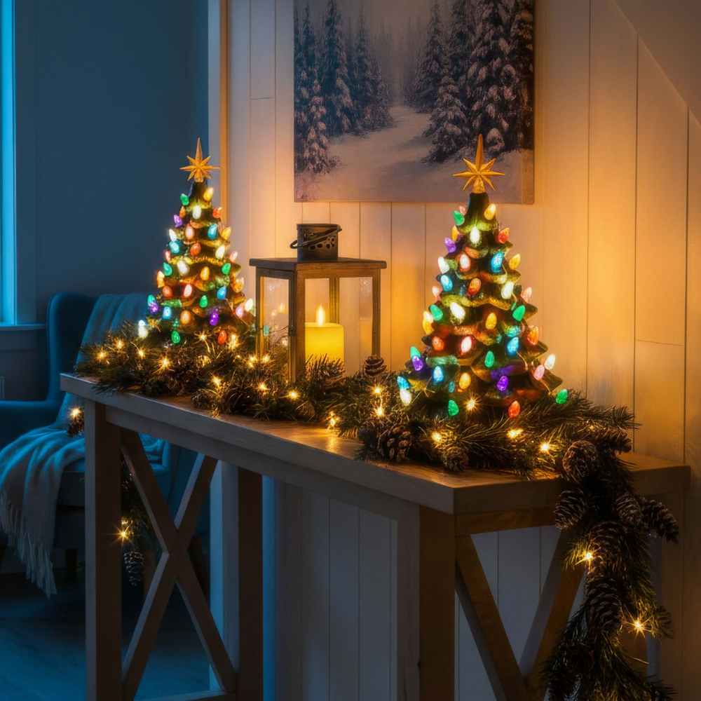 Keramik LED-Weihnachtsbaum mit bunten Lichtern – Festliche Weihnachtsdeko für Fensterbank & Tisch