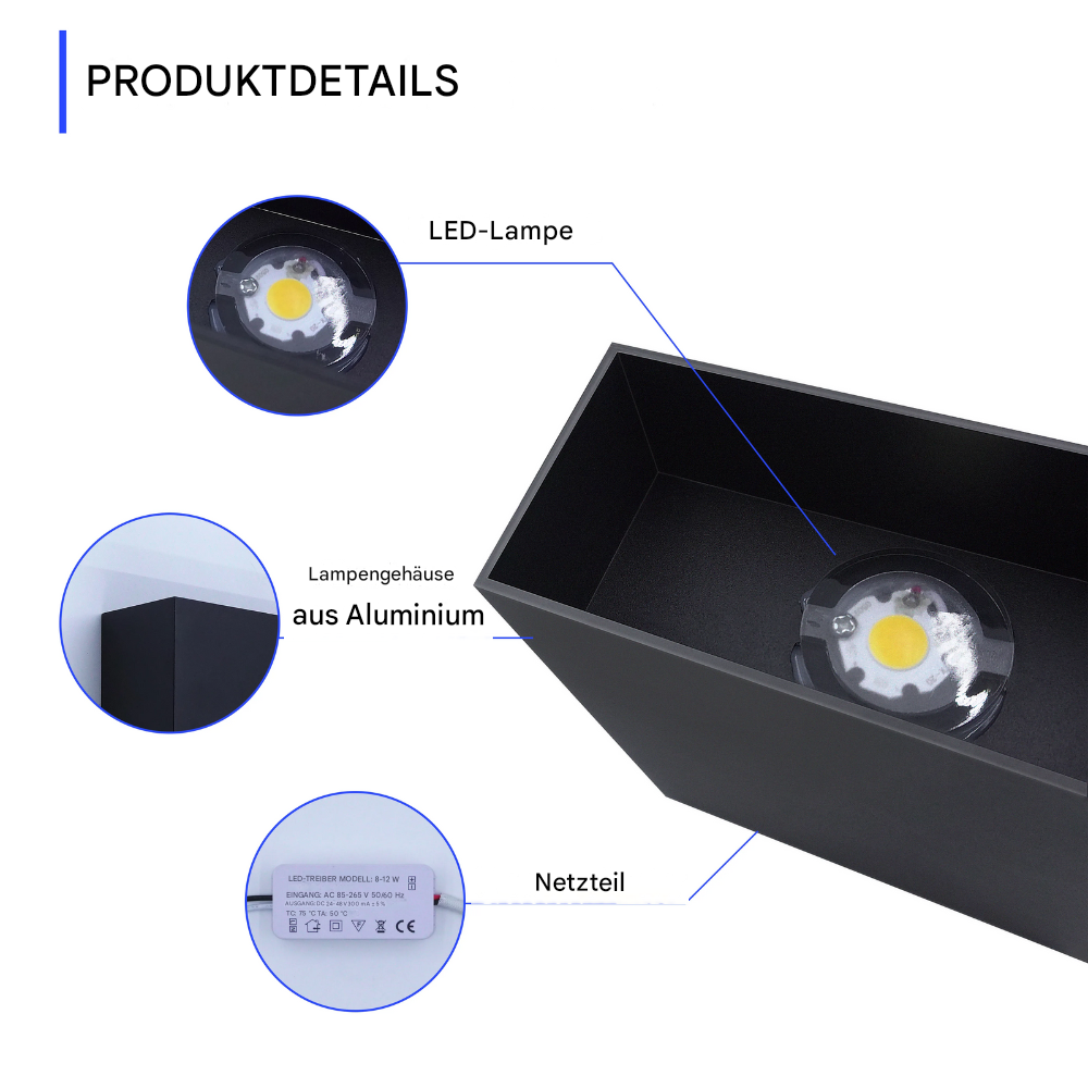 LED Wandleuchte Innen 12W – Moderne Aluminium Wandlampe Up & Down – Warm-/Kaltweiß 3000K – LED Wandbeleuchtung Wohnzimmer Schlafzimmer