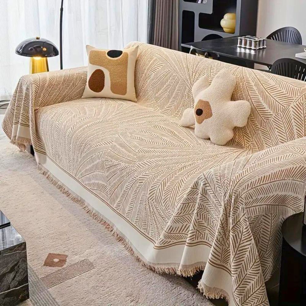 Chenille-Sofaüberwurf mit Blattmuster, rutschhemmend