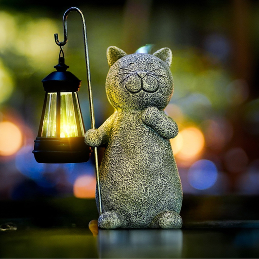 Solarleuchte Katze mit Laterne – LED Solar Gartenleuchte wetterfest | Dekorative Gartenfigur für Balkon & Terrasse