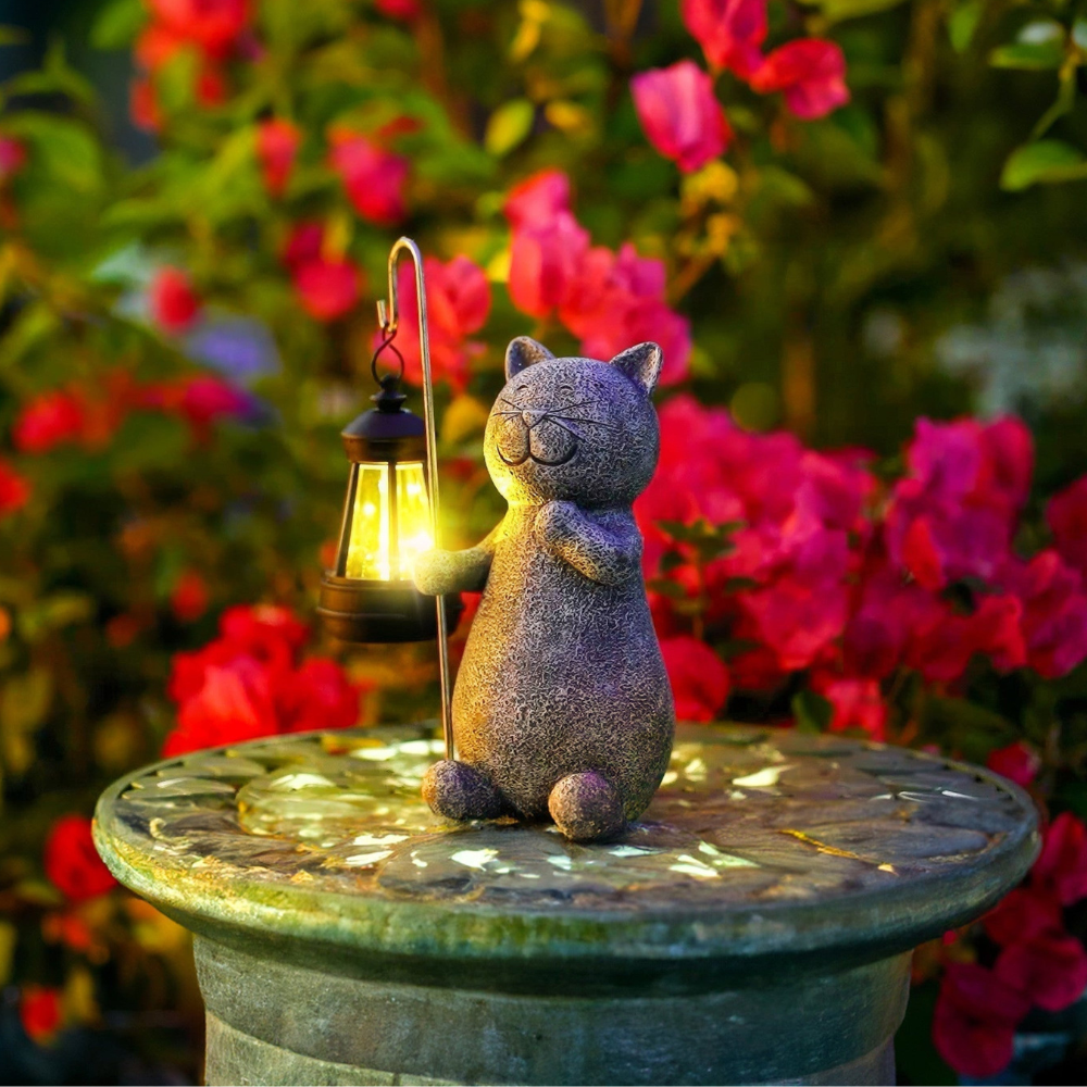 Solarleuchte Katze mit Laterne – LED Solar Gartenleuchte wetterfest | Dekorative Gartenfigur für Balkon & Terrasse