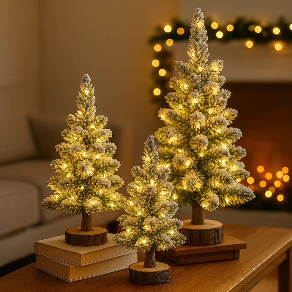 LED Mini Weihnachtsbaum – beleuchteter Tischbaum mit Schneeeffekt – Weihnachtsdeko warmweiß