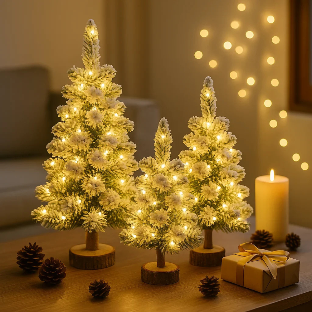 LED Mini Weihnachtsbaum – beleuchteter Tischbaum mit Schneeeffekt – Weihnachtsdeko warmweiß