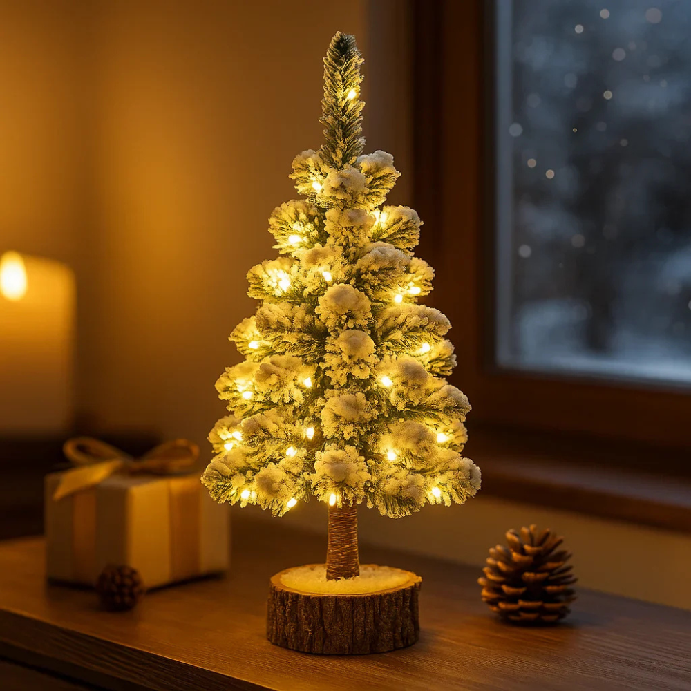 LED Mini Weihnachtsbaum – beleuchteter Tischbaum mit Schneeeffekt – Weihnachtsdeko warmweiß