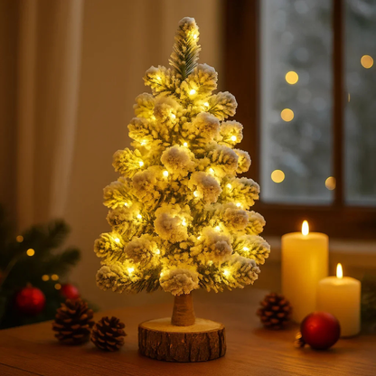LED Mini Weihnachtsbaum – beleuchteter Tischbaum mit Schneeeffekt – Weihnachtsdeko warmweiß