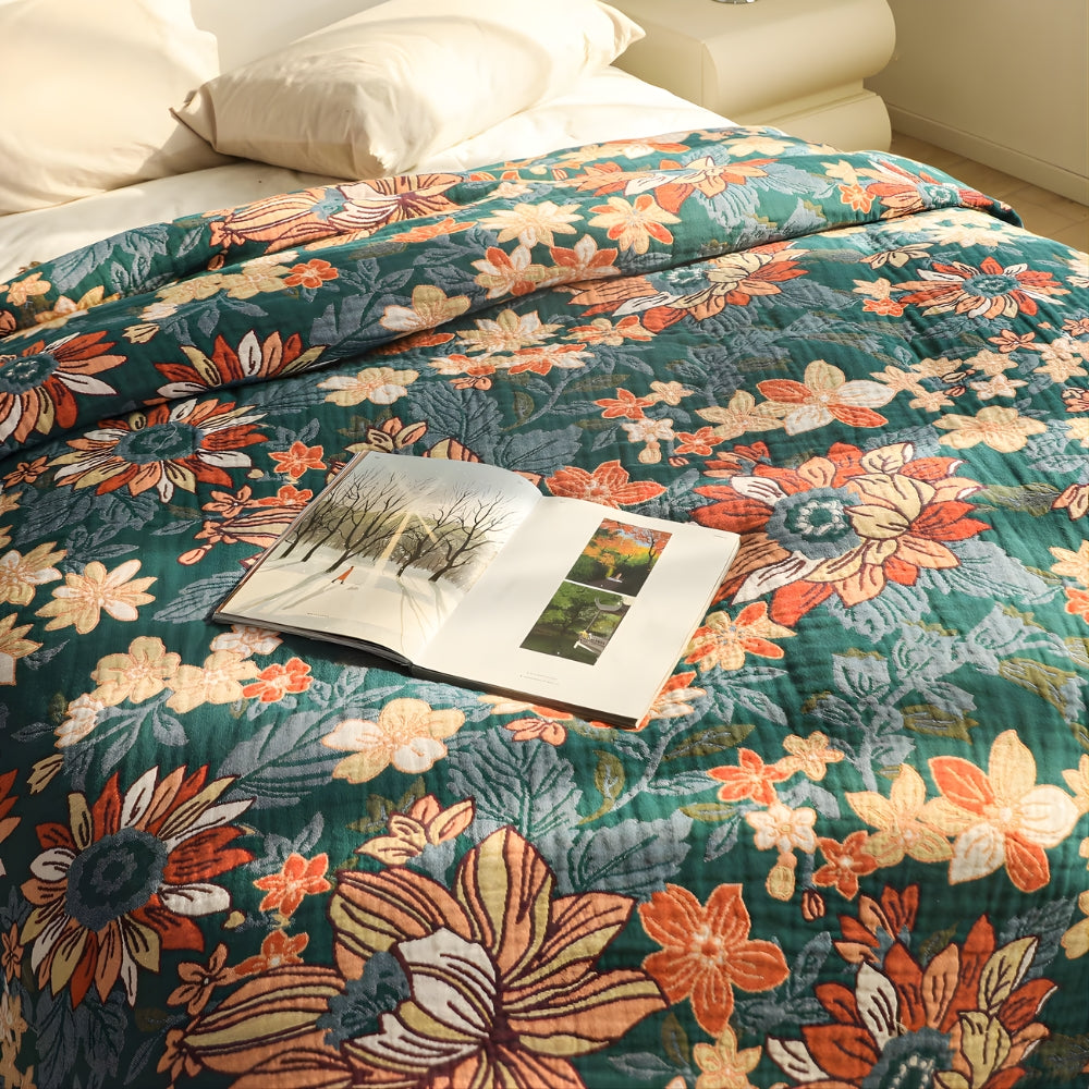 Tagesdecke aus Baumwollmusselin mit Blumenmuster und Fransen