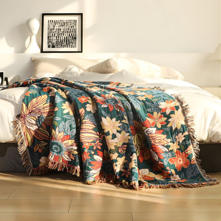 Tagesdecke aus Baumwollmusselin mit Blumenmuster und Fransen