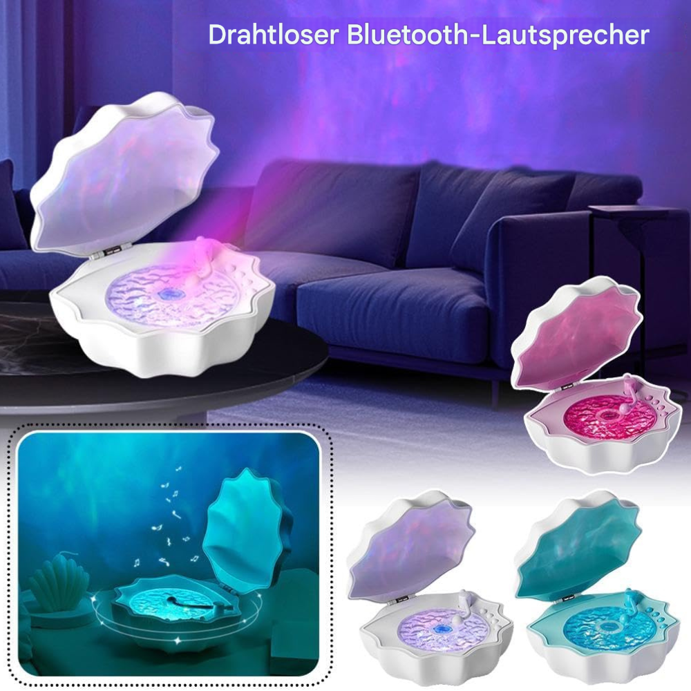Muschel Bluetooth-Lautsprecher mit LED Sternenhimmel-Projektor | Nachtlicht & Ambiente Lampe – 3 Farben