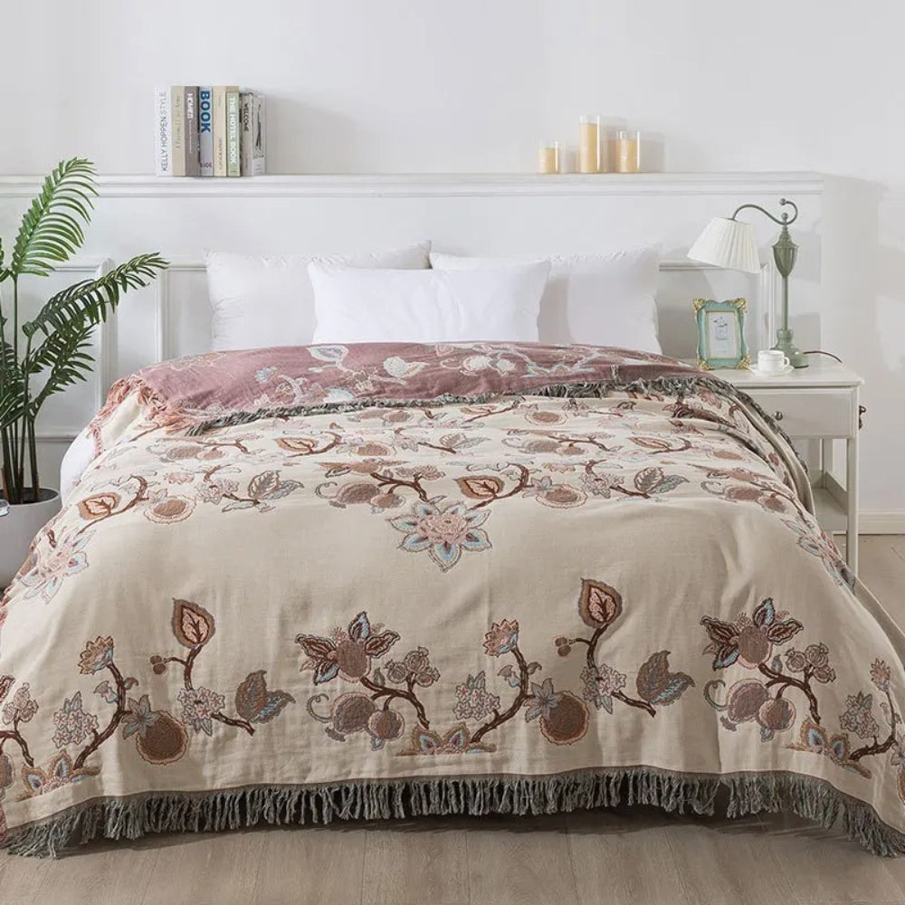 Tagesdecke aus Jacquard-Baumwolle mit Orchideen und Quasten