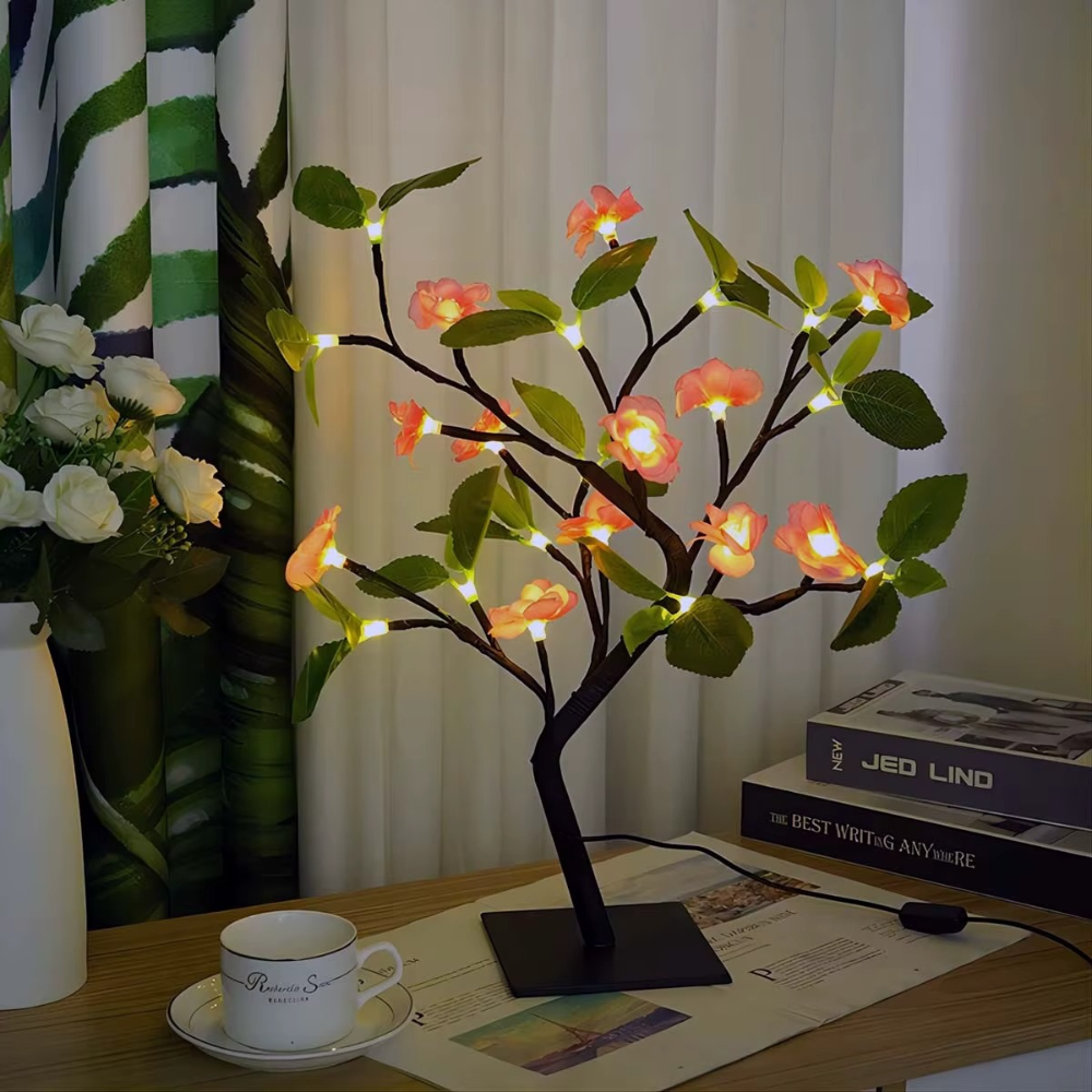 LED Kirschblüten Deko Baum Lampe – USB Tischlampe mit rosa Blüten für Wohnzimmer & Schlafzimmer – Stimmungslicht/LED Deko Licht